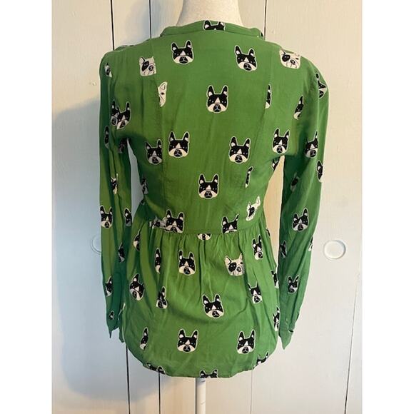 Maeve Size 2 Women's Long Sleeve Blouse Green w/ Bull Dogs - Picture 4 of 6